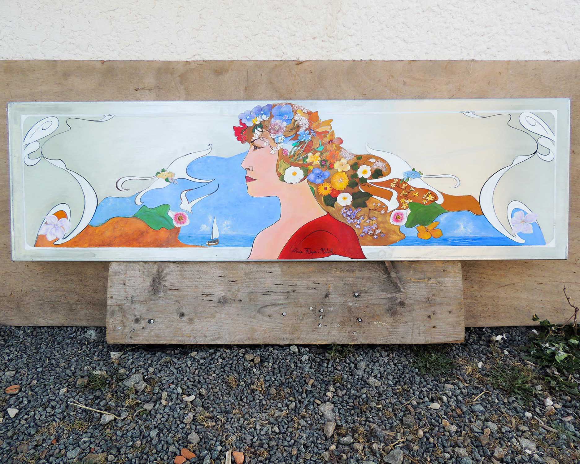 plateau en zinc avec peinture à la main d'une femme style art déco