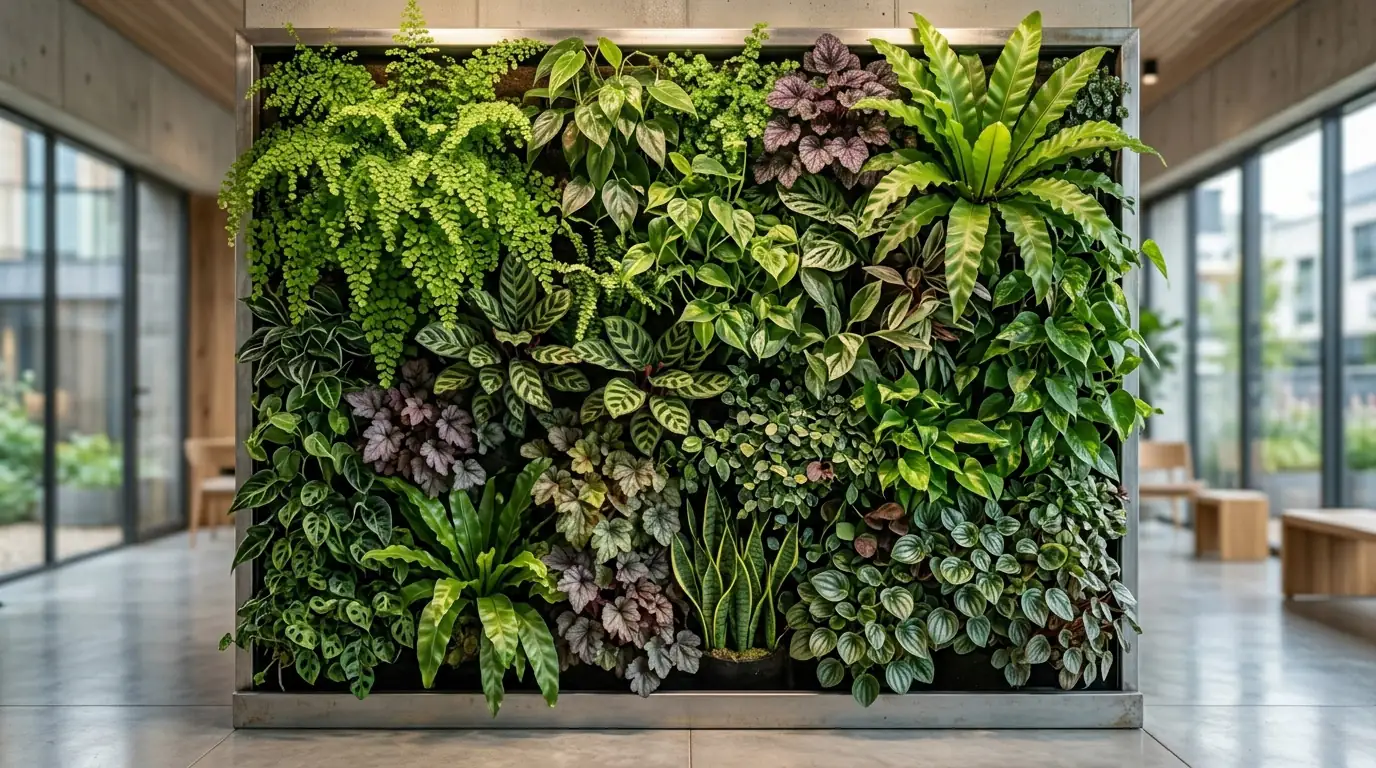 mur végétalisé artisanal sur support en zinc disposé au milieu d'une grande pièce lumineuse